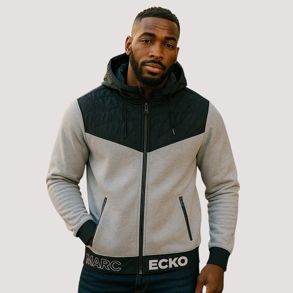 Marc Ecko Mens L Gray Black Colorblock Fleece Hooded Jacket Streetwear Y2K